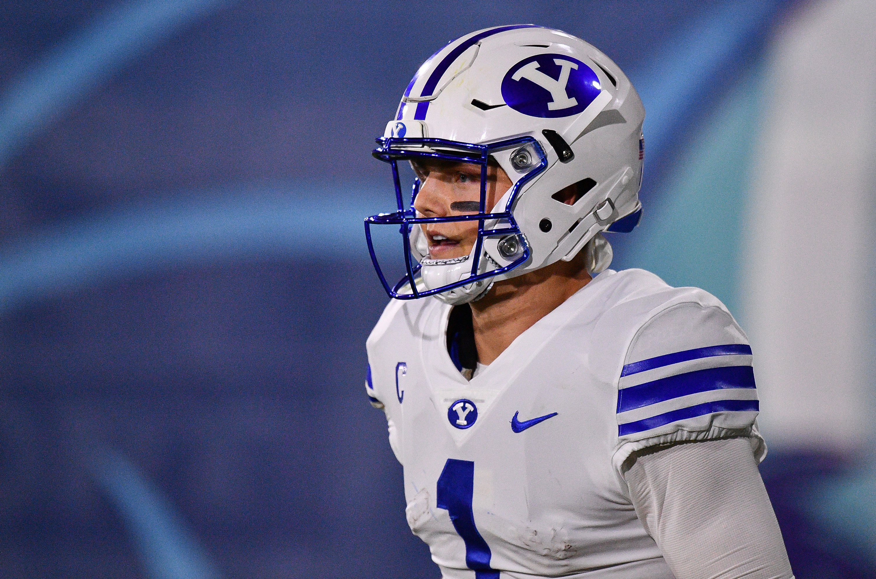 Zach Wilson in white BYU uniform