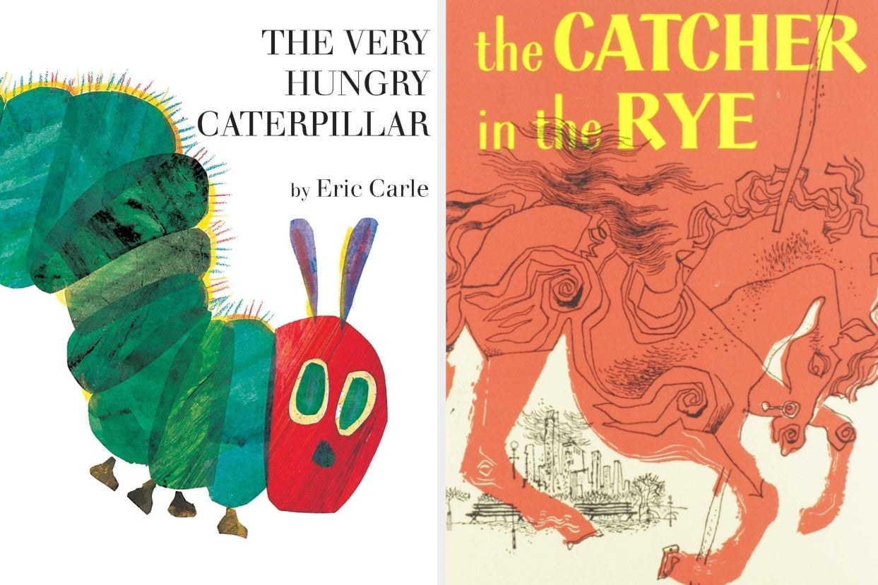 Side-by-side images of The Very Hungry Caterpillar and The Catcher in the Rye 