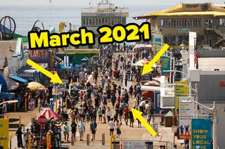 A really crowded pier labeled March 2021