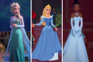 Elsa, Aurora, and Tiana all in their cool-colored gowns