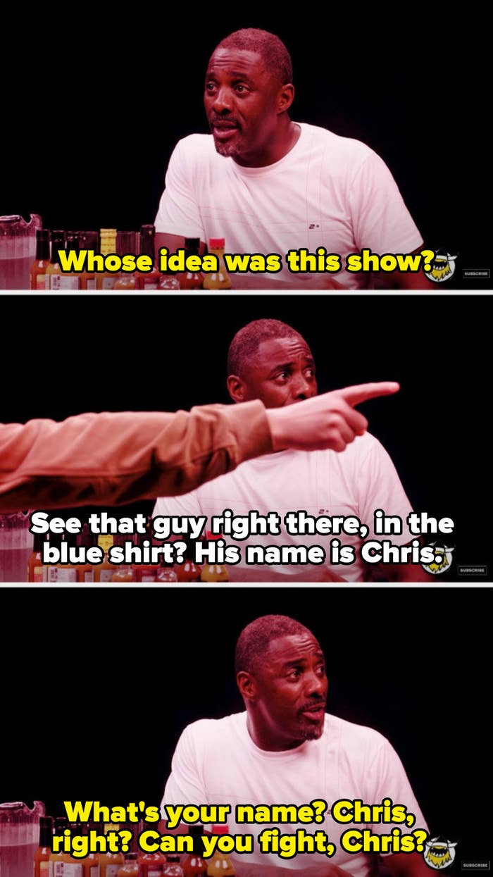 Idris sweating and asking the creator of the "Hot Ones" show if he can fight