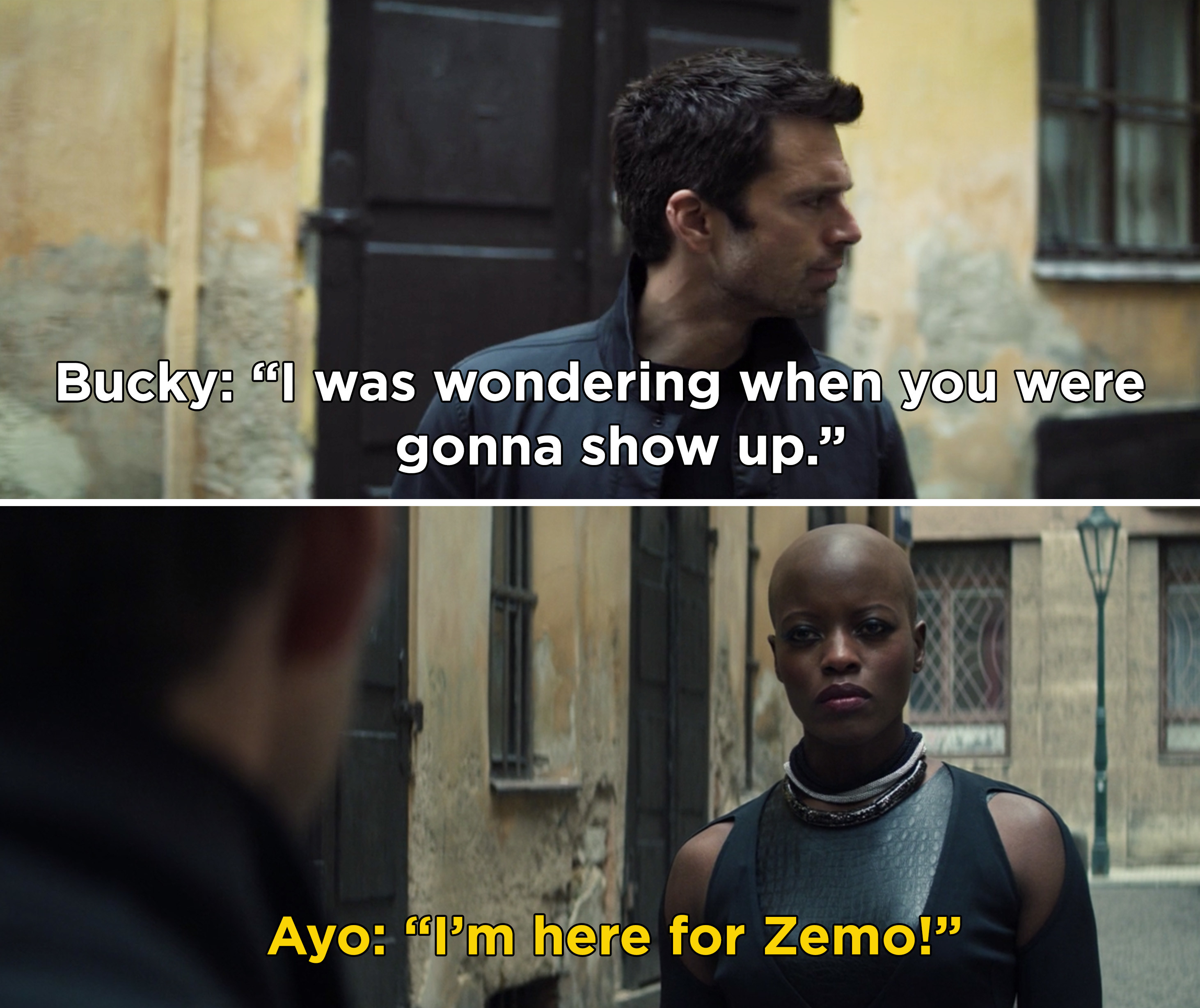 Bucky saying, &quot;I was wondering when you were gonna show up&quot; and Aya responding, &quot;I&#x27;m here for Zemo&quot;