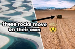 a traveling rock leaving tracks in the desert