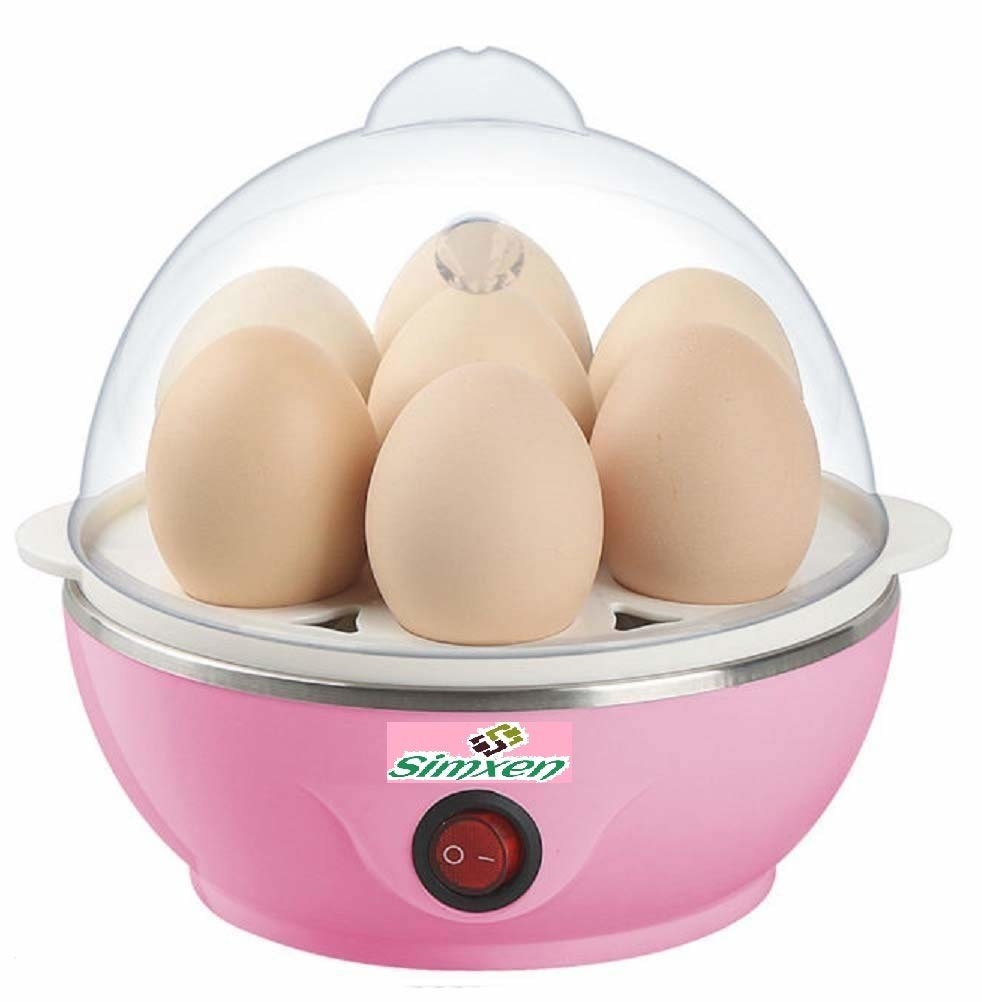 A pink egg boiler with eggs in it 