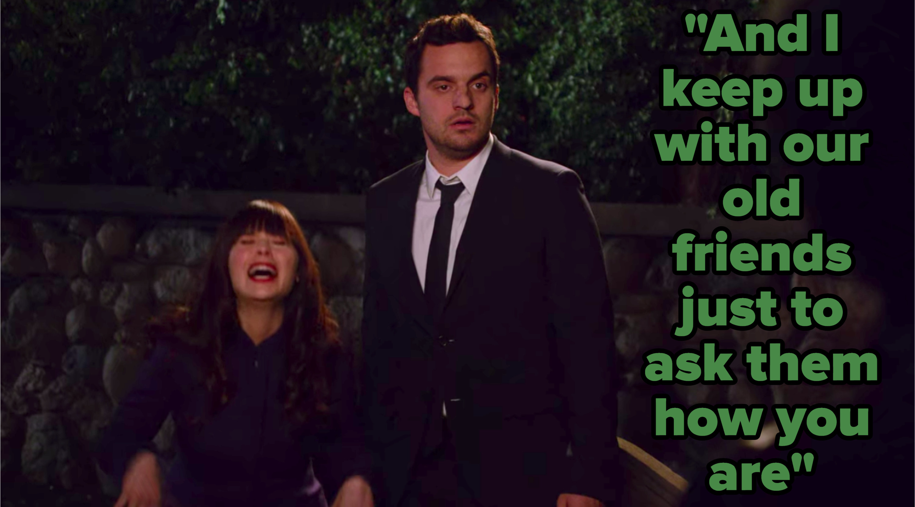 &quot;And I keep up with our old friends just to ask them how you are&quot; written over Jess and Nick from &quot;New Girl&quot; freaking out