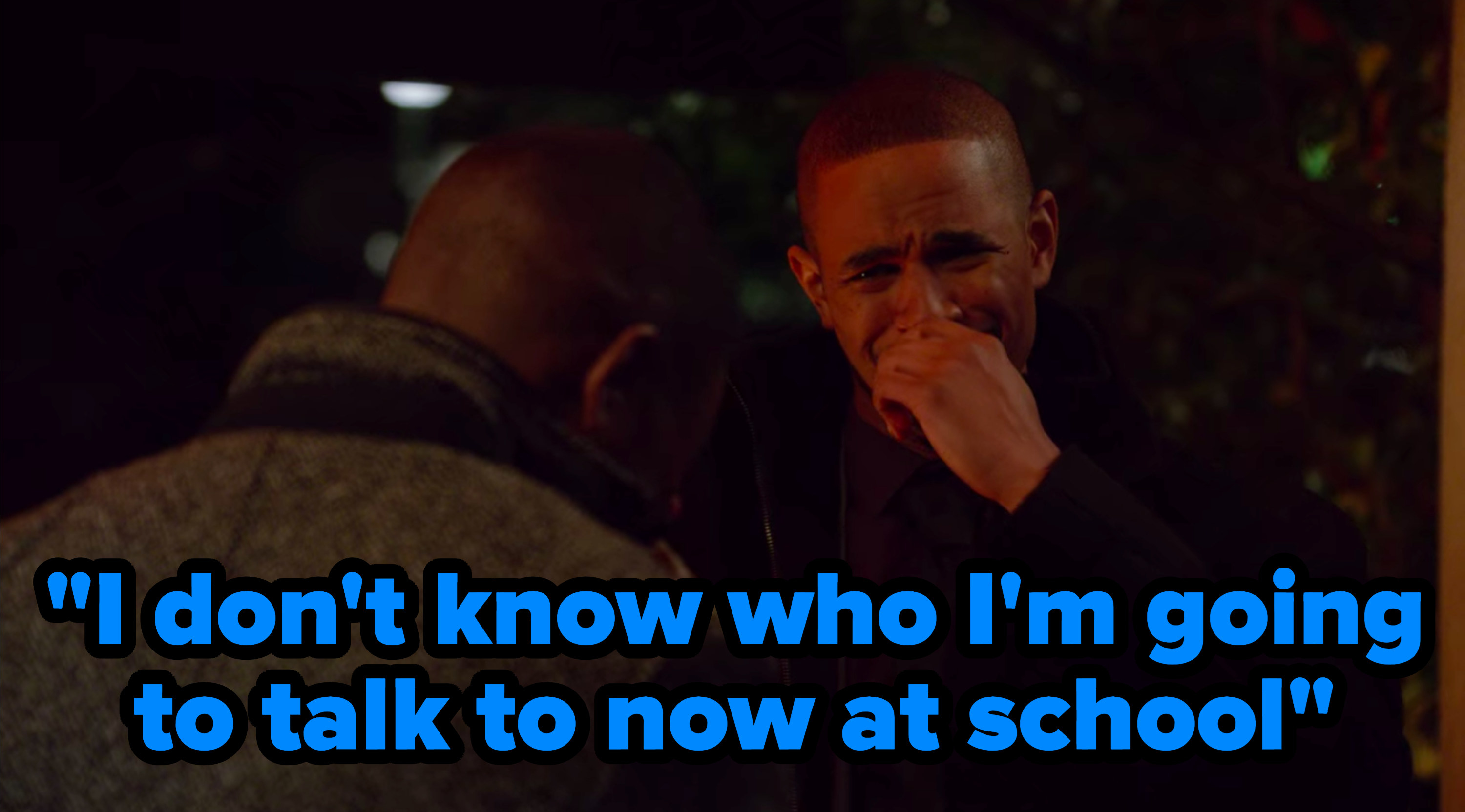 &quot;I don&#x27;t know who I&#x27;m going to talk to now at school&quot; written over Coach from &quot;New Girl&quot; crying