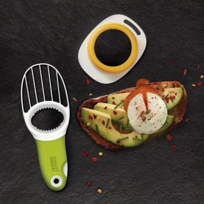 An avocado tool that includes a fold-out knife, a de-pitter, a scooper, and an egg poacher
