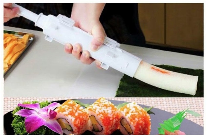 A step-by-step guide of a model making sushi using the sushi maker tool