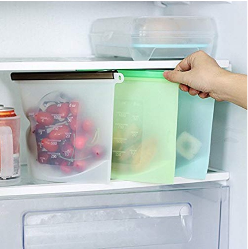 Reusable silicon food bags being displayed inside a fridge