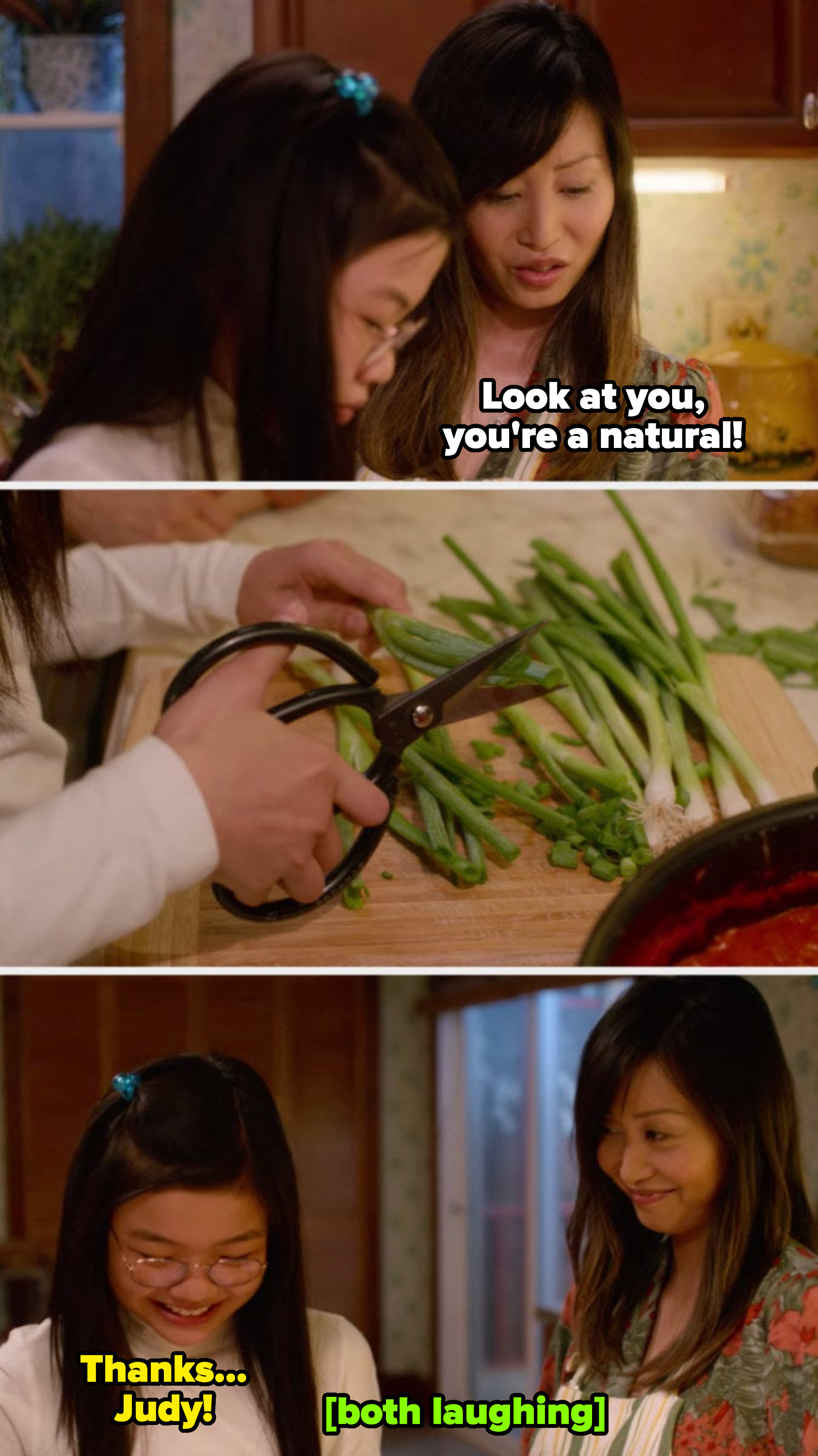 Sasha cutting green onions as Judy tells her with love: &quot;Look at you, you&#x27;re a natural!&quot;