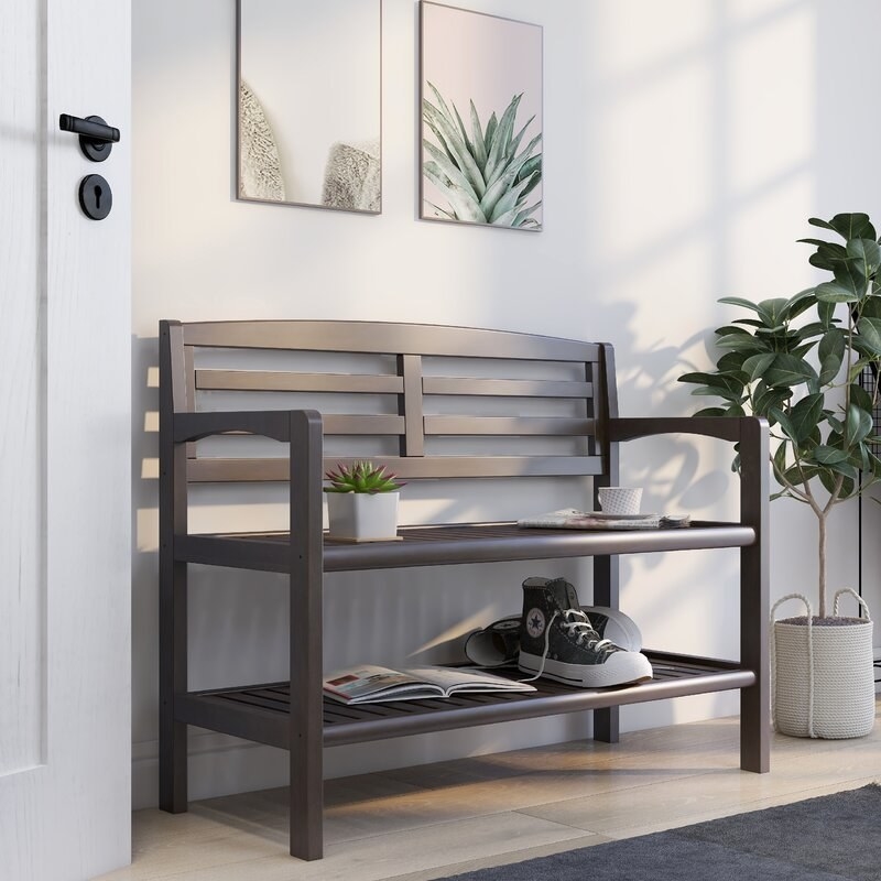 The wooden bench with a bottom shelf 