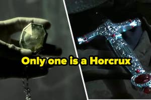 Locket and sword with text, "Only one is a Horcrux"