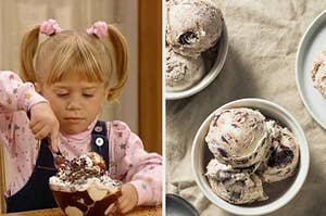 Michelle from "Full House" is on the left with a bowl of cookies and cream ice cream on the right