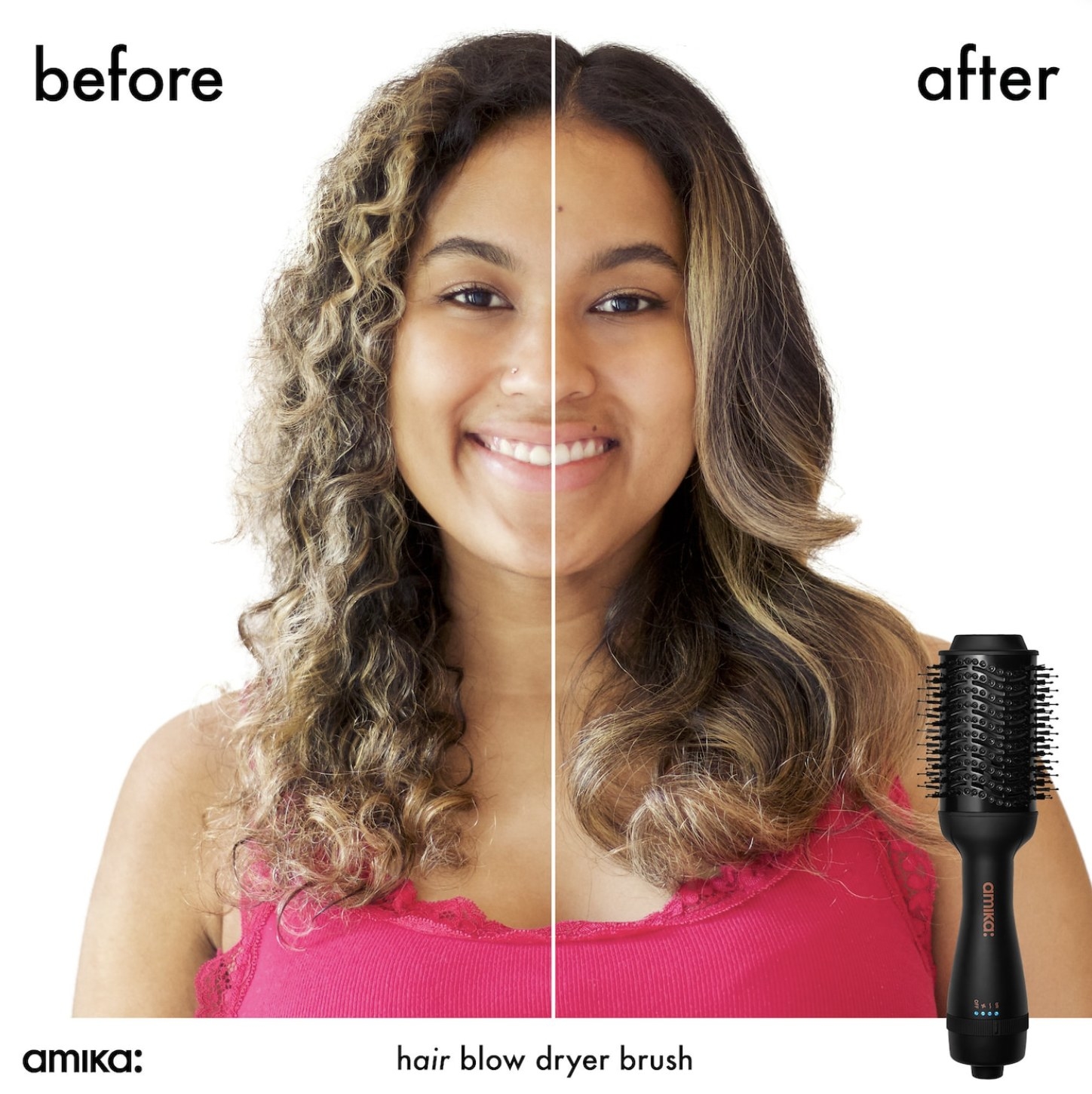 A before and after of hair after using a blow dryer brush