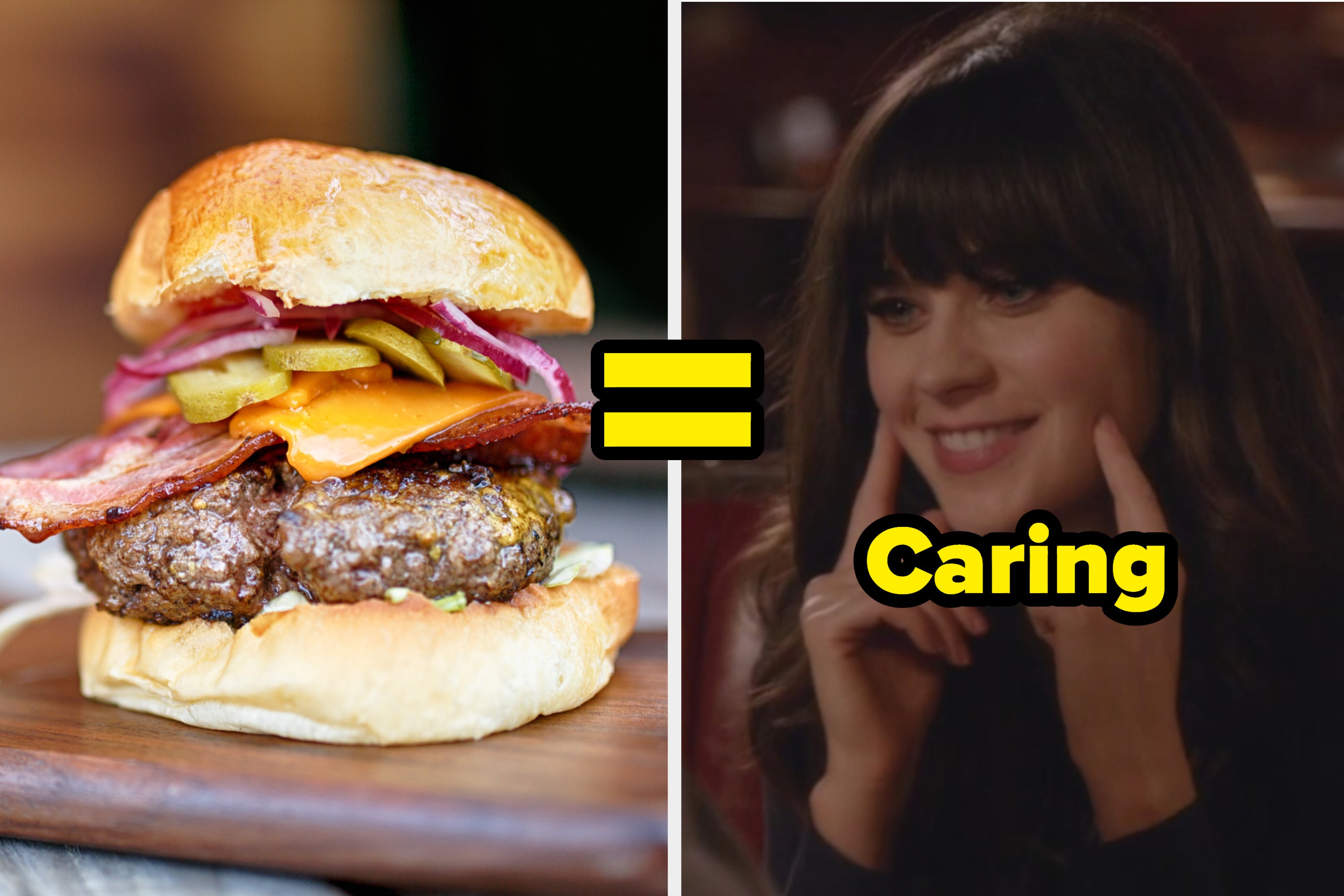 A hamburger slider with onions, pickles, and cheese and Zooey Deschanel as Jessica Day in the show