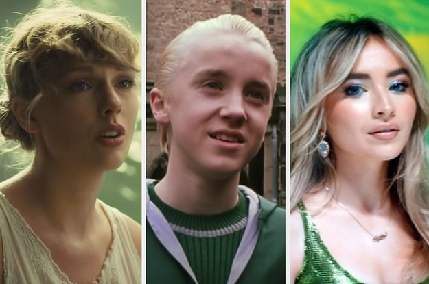 Taylor Swift is on the left with Draco Malfoy in the center and Sabrina Carpenter on the right