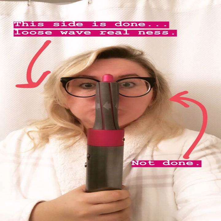 Same reviewer showing one half of their hair curled and the other half still straight 