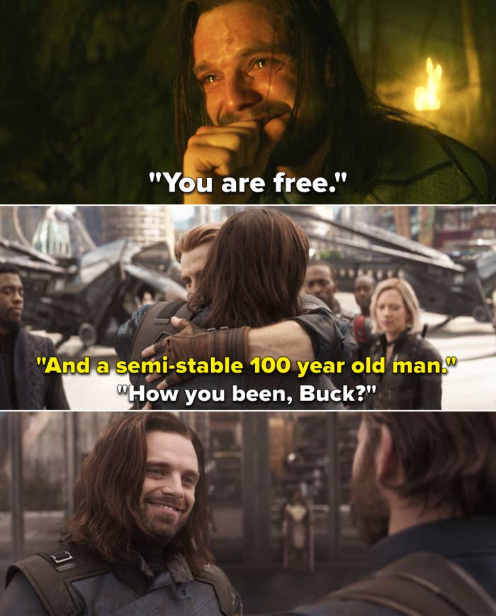 Bucky crying and hearing "You're free" vs. Bucky and Steve hugging in "Infinity War"