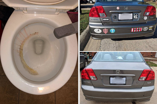 two panels showing a pumice stone being held over a toilet bowl with half a brown ring and a split before and after of a car with bumper stickers and then the same care with those stickers removed