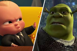 Boss Baby is on the left with his hand up and Shrek on the right