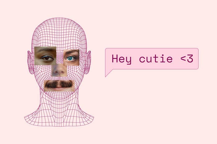 AI Face with different facial features and the words &quot;Hey cutie&quot; 