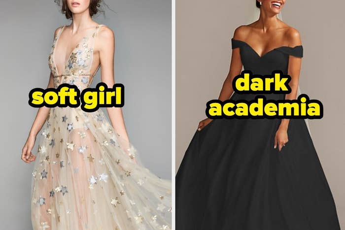 A sheer deep V gown covered in sequin stars with the text &quot;soft girl&quot; and a ballgown with a cinched waist and cap sleeves with the text &quot;dark academia&quot; 