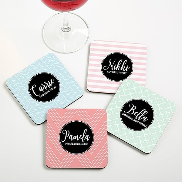 Coasters with names on them along with with adjectives that each of them mean 