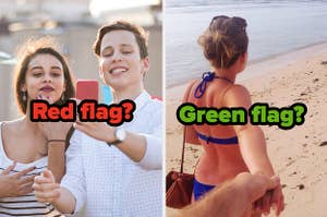 A couple looking at a phone with the caption 