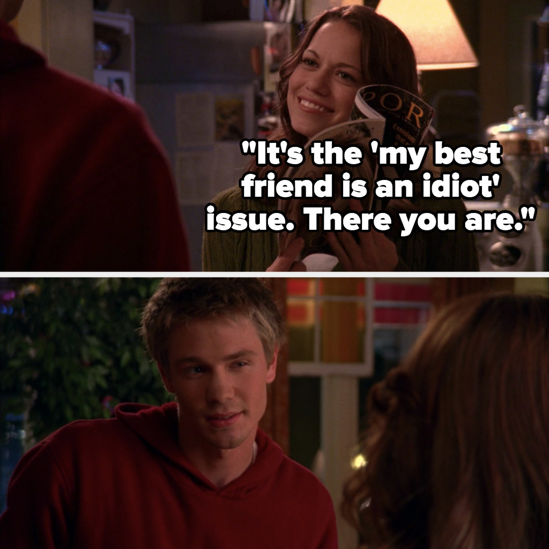 Haley holds magazine up to Lucas, jokingly calls it the &quot;&#x27;my best friend is an idiot&#x27; issue&quot;