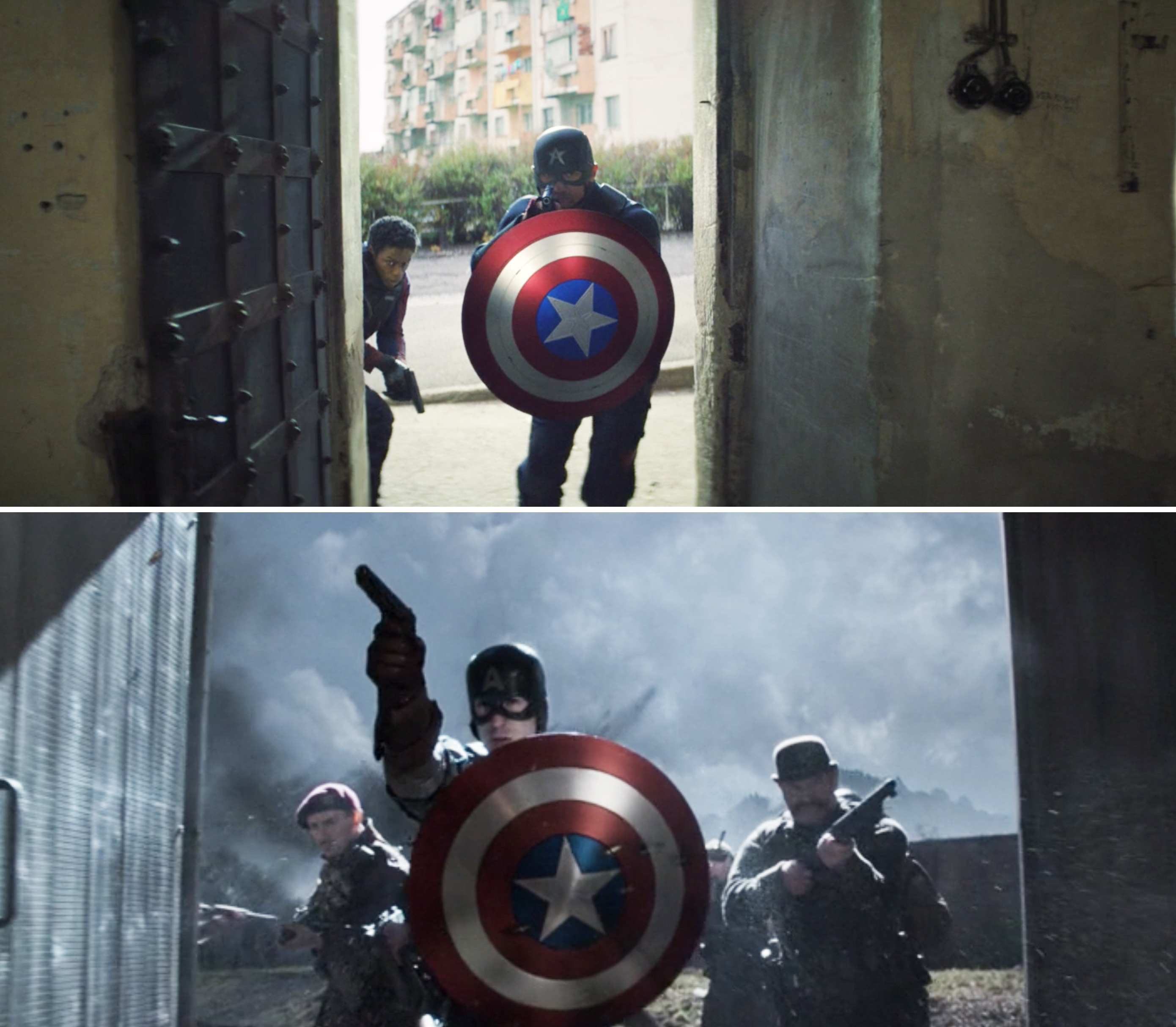 Walker hiding behind the shield vs. Steve hiding behind the shield