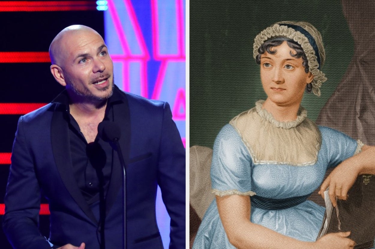 Side-by-side images of Pitbull and Jane Austen 