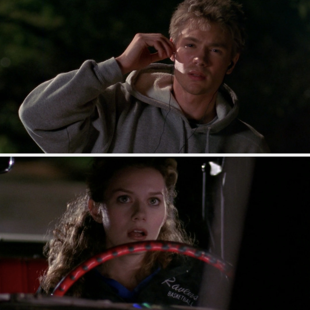 Peyton stares at Lucas with her mouth open after almost running him over with her car