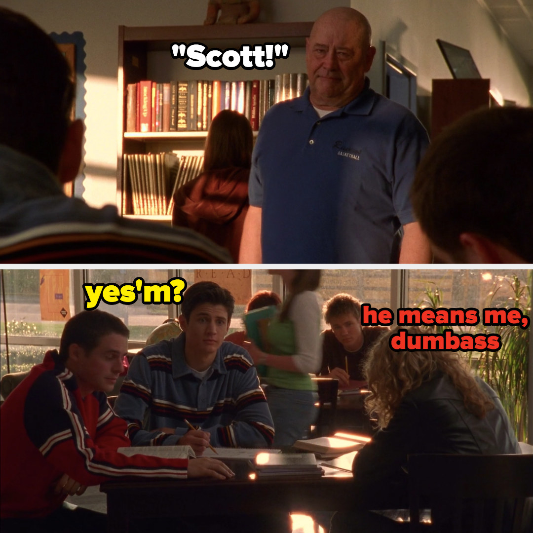 meme of Whitey calling &quot;Scott&quot; and Lucas saying &quot;he means me dumbass&quot; to Nathan