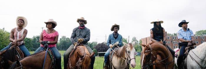 scene from Concrete Cowboy where everyone is on horses