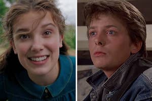 enola holmes on the left and marty mcfly on the right