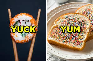 On the left, a piece of sushi labeled "yuck," and on the right, some fairy bread labeled "yum"