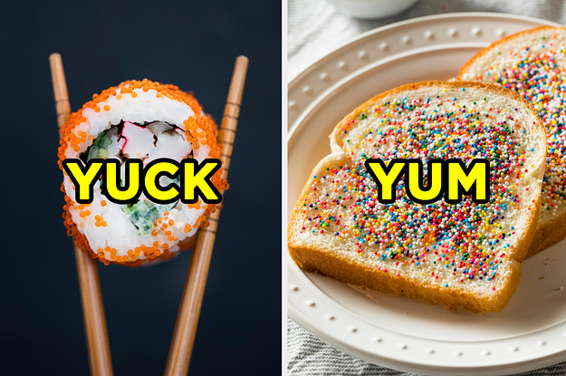 On the left, a piece of sushi labeled "yuck," and on the right, some fairy bread labeled "yum"