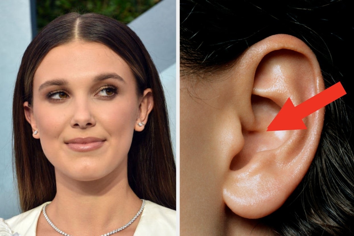 Millie Bobby Brown and arrow pointing to ear 