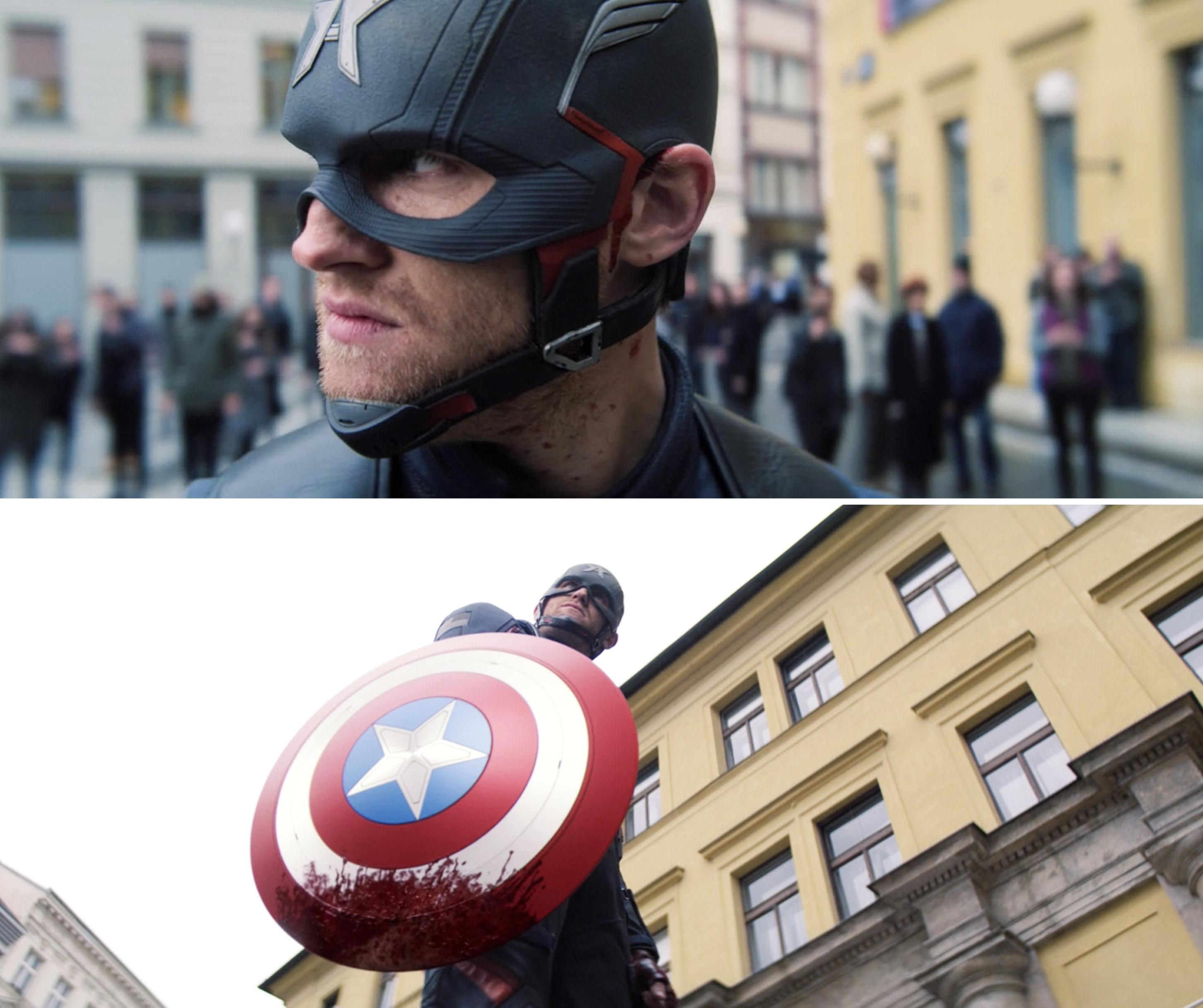 Walker standing with blood on the bottom of Captain America&#x27;s shield