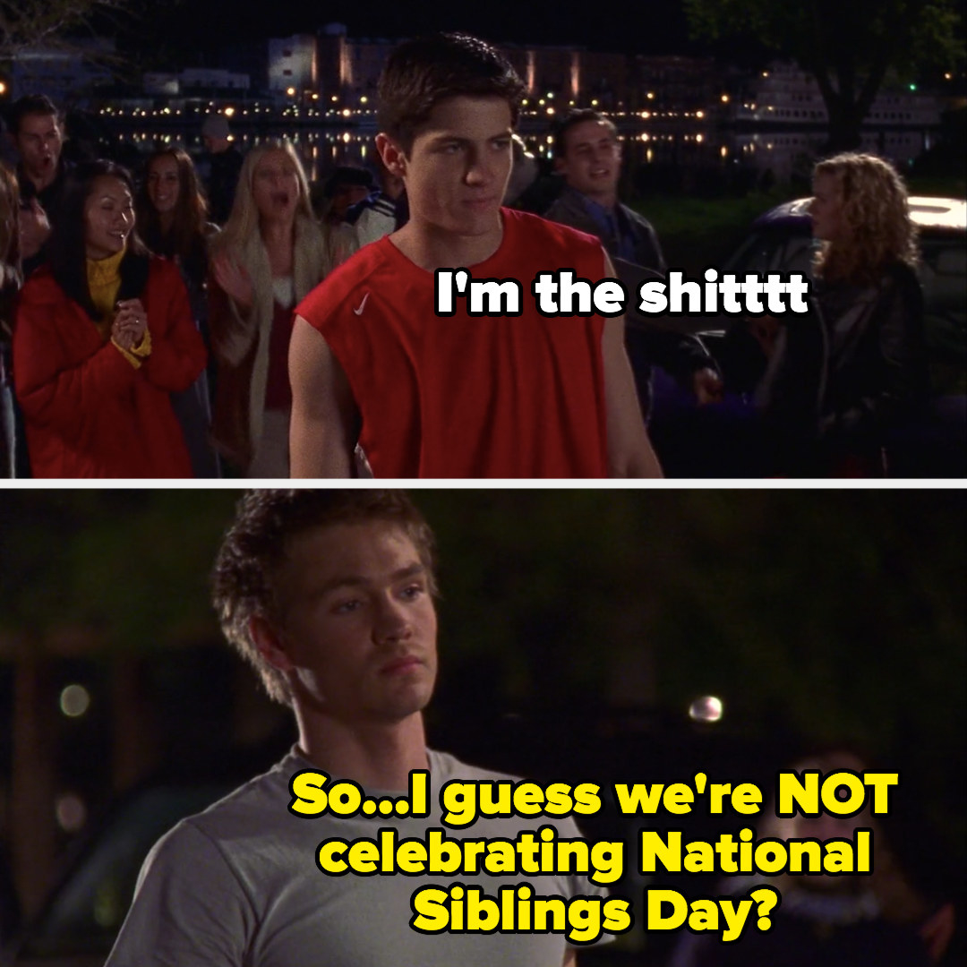 meme of Nathan walking onto the court, &quot;I&#x27;m the shit&#x27; and Lucas saying, &quot;so I guess we&#x27;re not celebrating National Siblings Day?&quot;