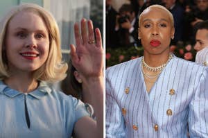 A white woman waving, Lena Waithe at the Met Gala in a light blue suit