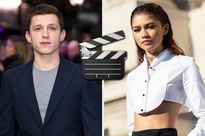 Tom Holland is on the left with Zendaya on the right and a director emoji in the center