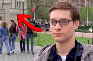 Peter Parker in the 2002 Spider man film with columbia university behind him