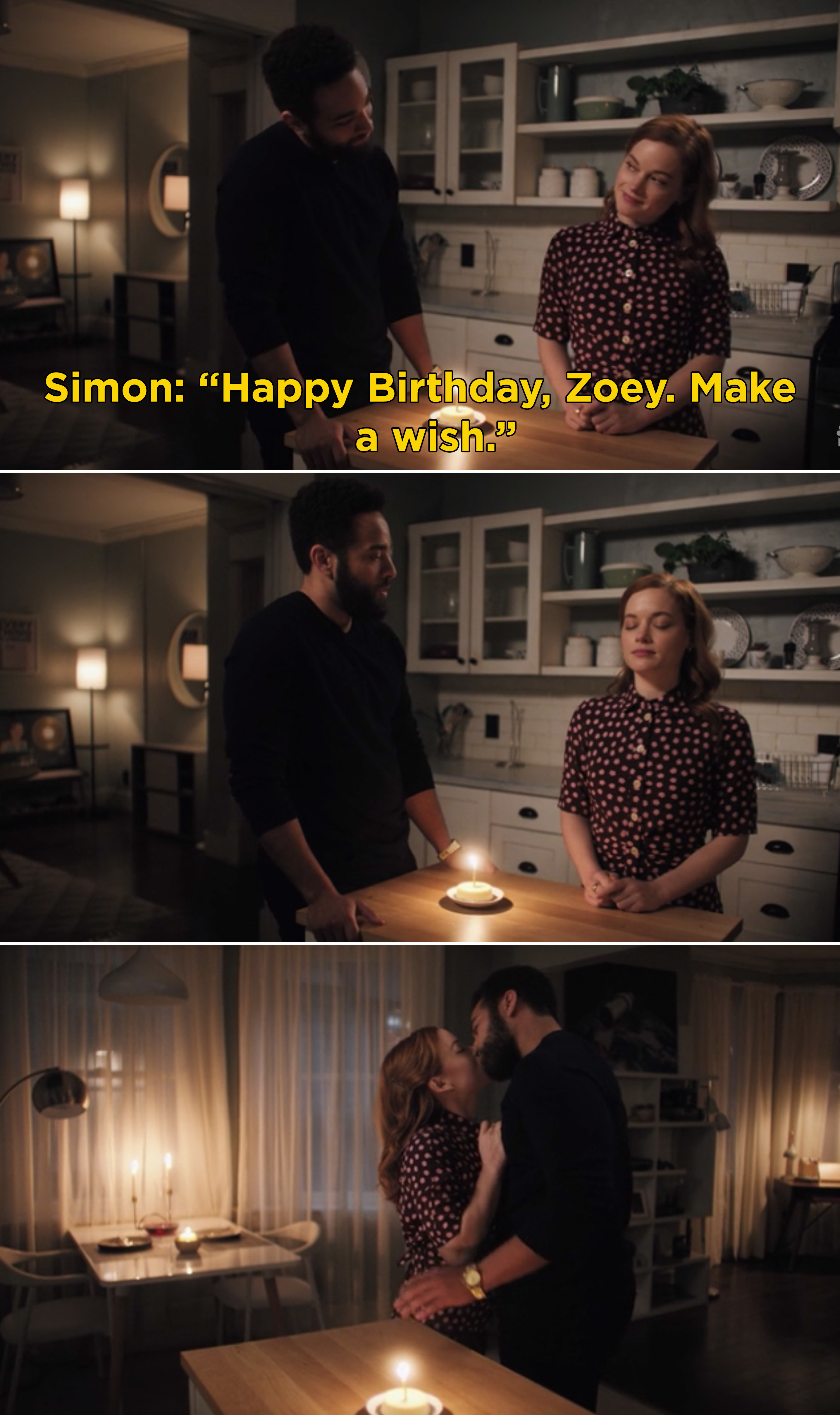 Simon wishing Zoey a happy birthday before they kiss