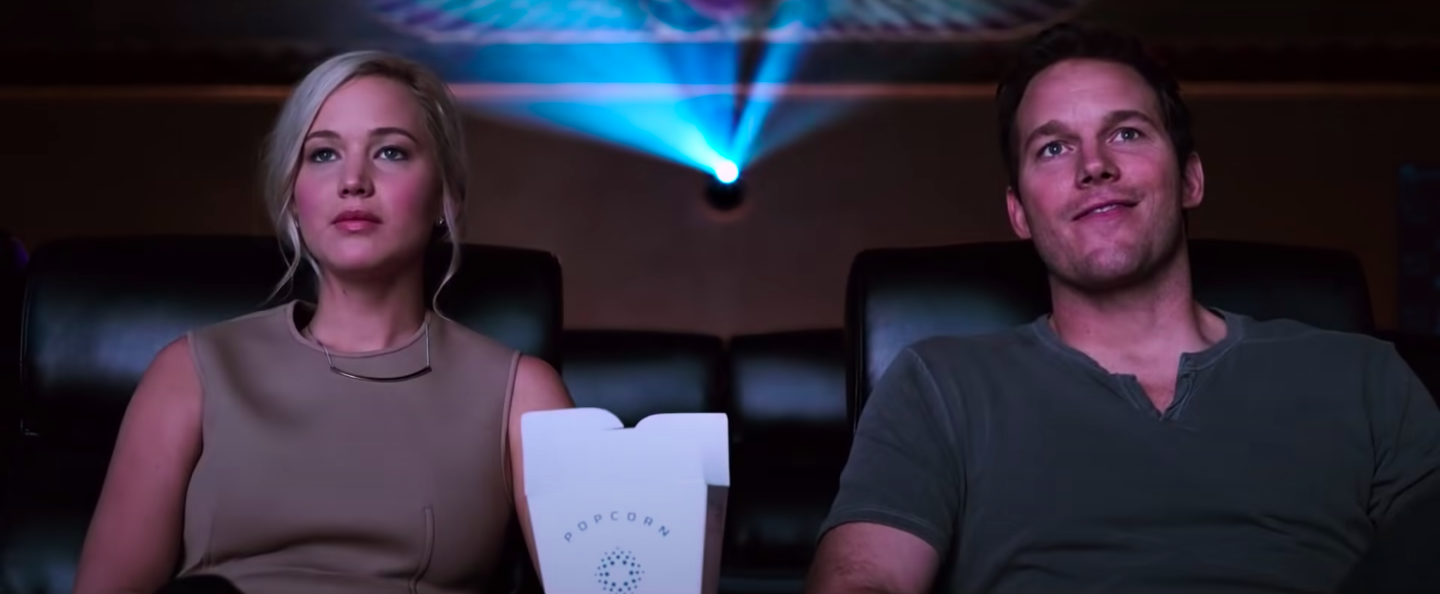 Aurora and Jim watching a movie in &quot;Passengers&quot;