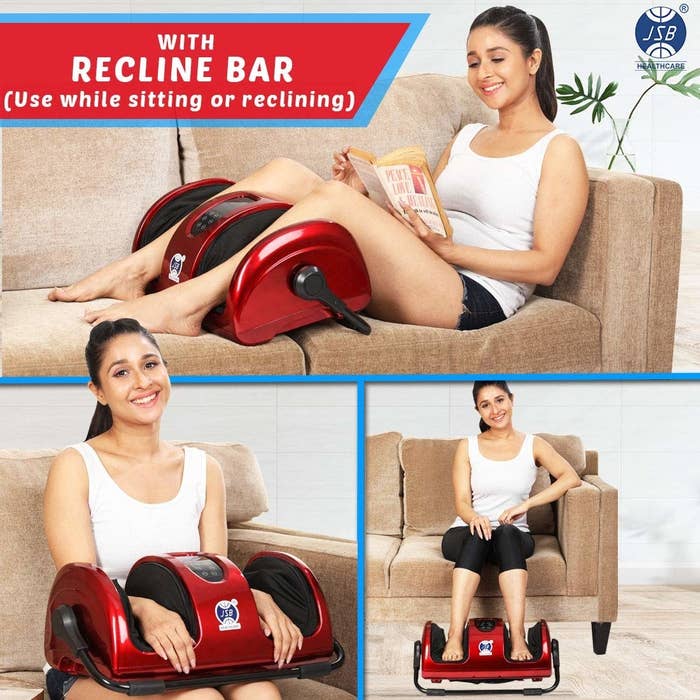 A collage of a woman on a couch using the massager on her hands and legs