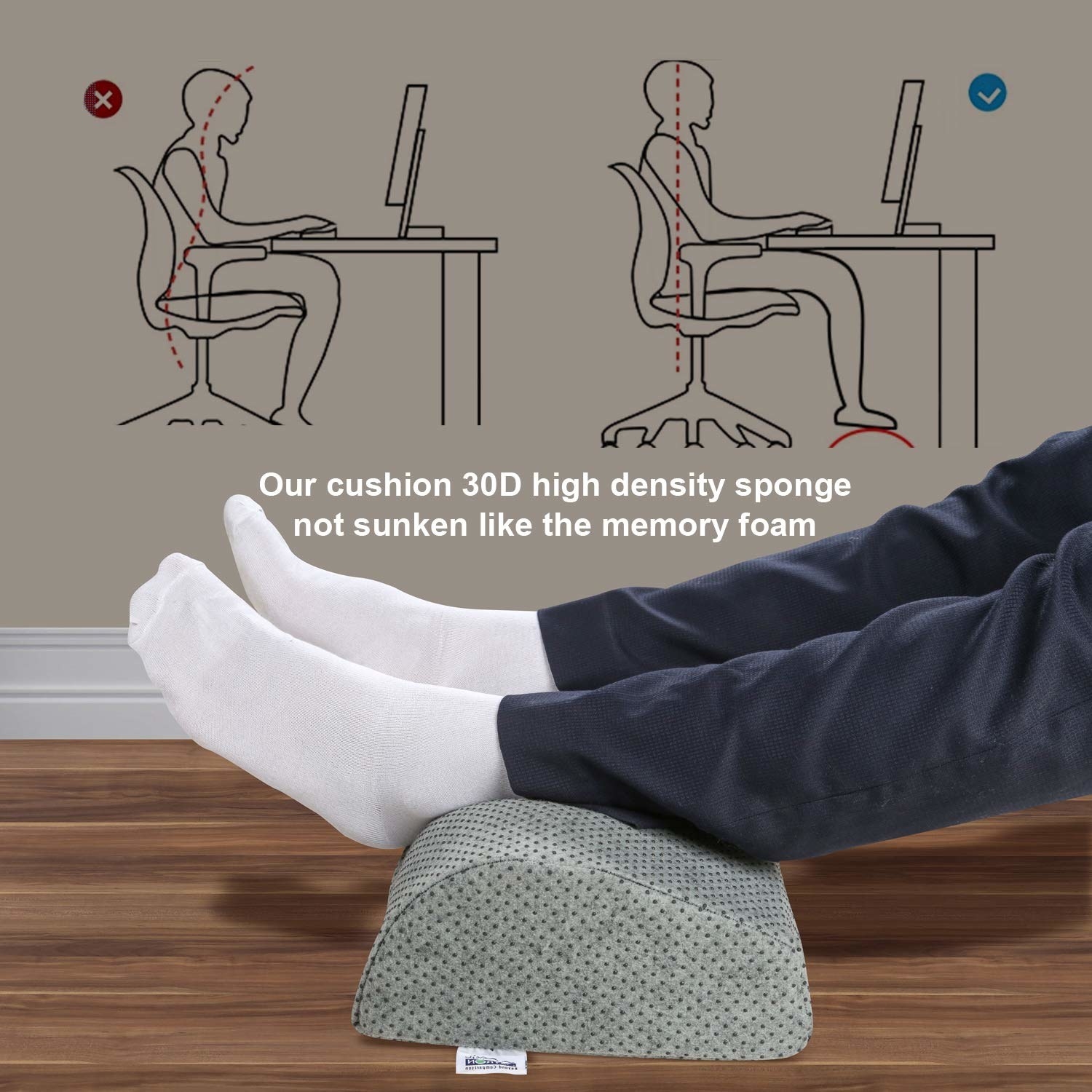 A close up of a person&#x27;s legs resting on a foot pillow, alongside an illustration showing how the pillow improves posture