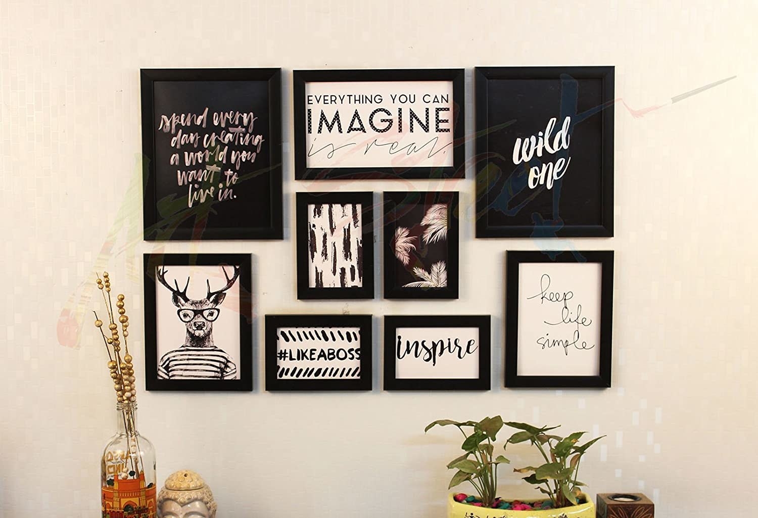 A set of black and white posters on the wall 