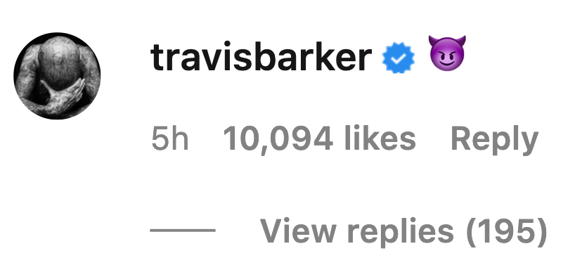 An Instagram comment from Travis Barker shows him using a smiling face with horns emoji