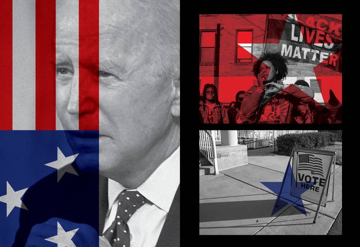 Composite photos of Joe Biden and the US flag, along with an image of a Black Lives Matter protest and a &quot;Vote here&quot; sidewalk sign